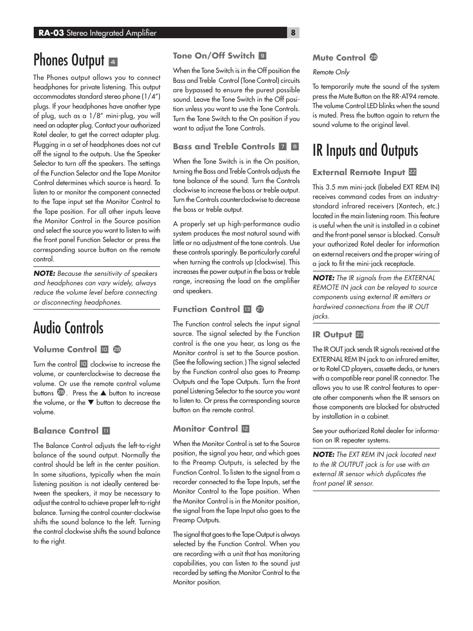 Phones output, Audio controls, Ir inputs and outputs | ROTEL RA-03 User Manual | Page 8 / 46