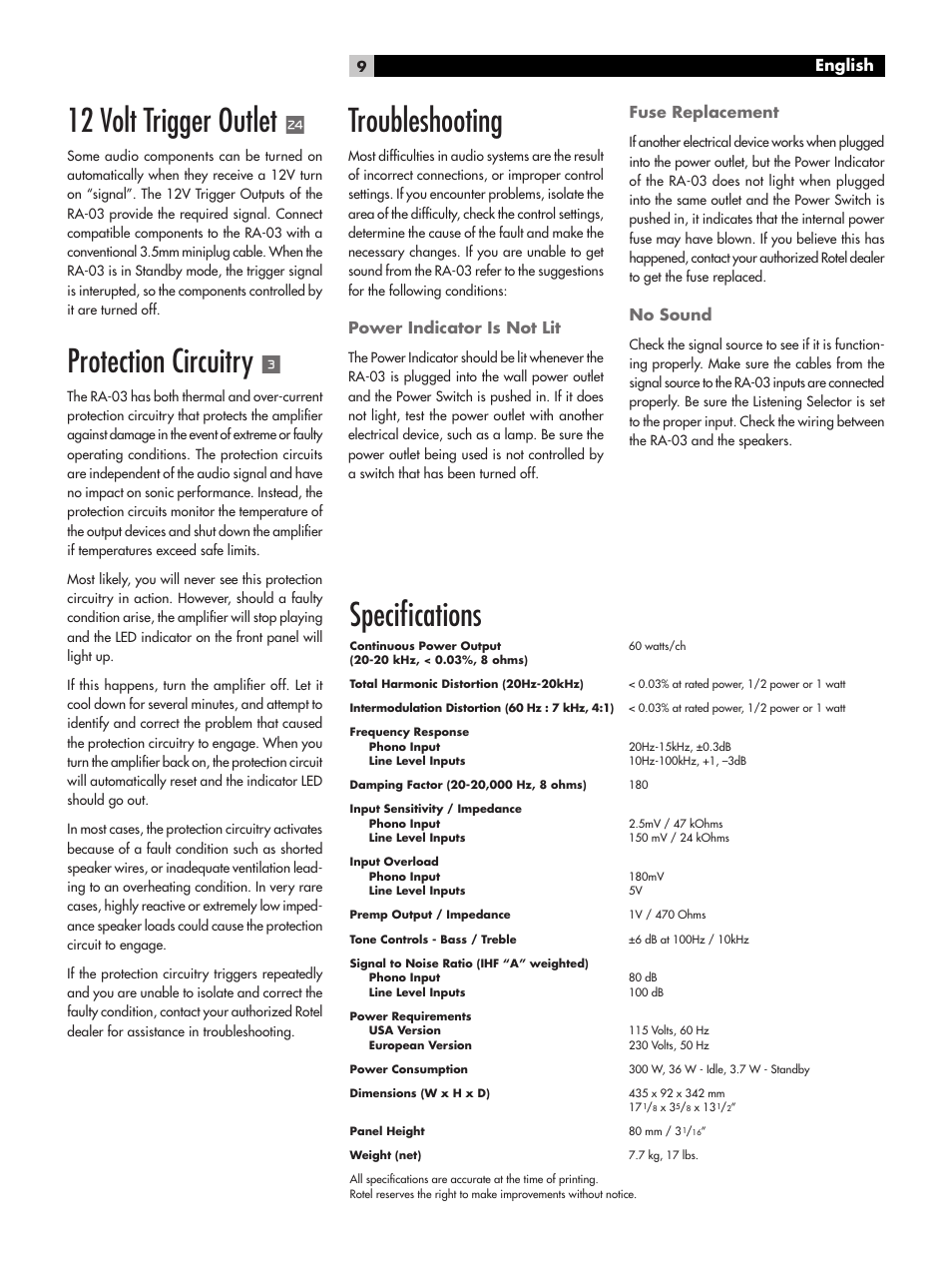 12 volt trigger outlet, Protection circuitry, Troubleshooting | Speciﬁcations, Power indicator is not lit, Fuse replacement, No sound, English | ROTEL RA-03 User Manual | Page 9 / 46