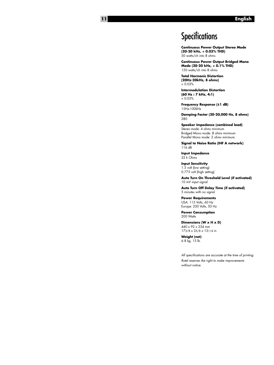 Specifications, English | ROTEL RB-951 MkII User Manual | Page 11 / 12