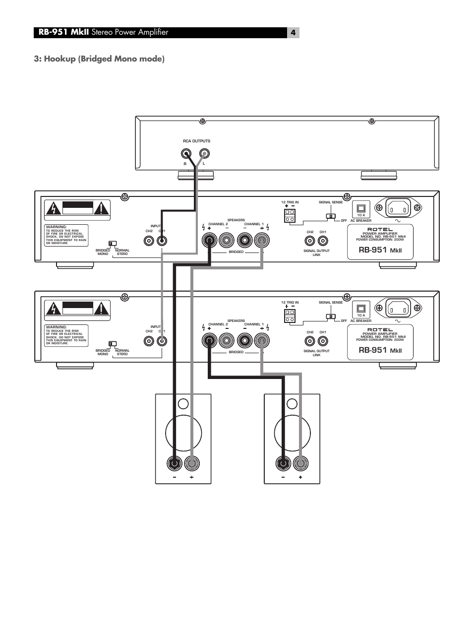 Hookup (bridged mono mode), Rb-951 mkii stereo power amplifier, Rb-951 | Mkii caution | ROTEL RB-951 MkII User Manual | Page 4 / 12
