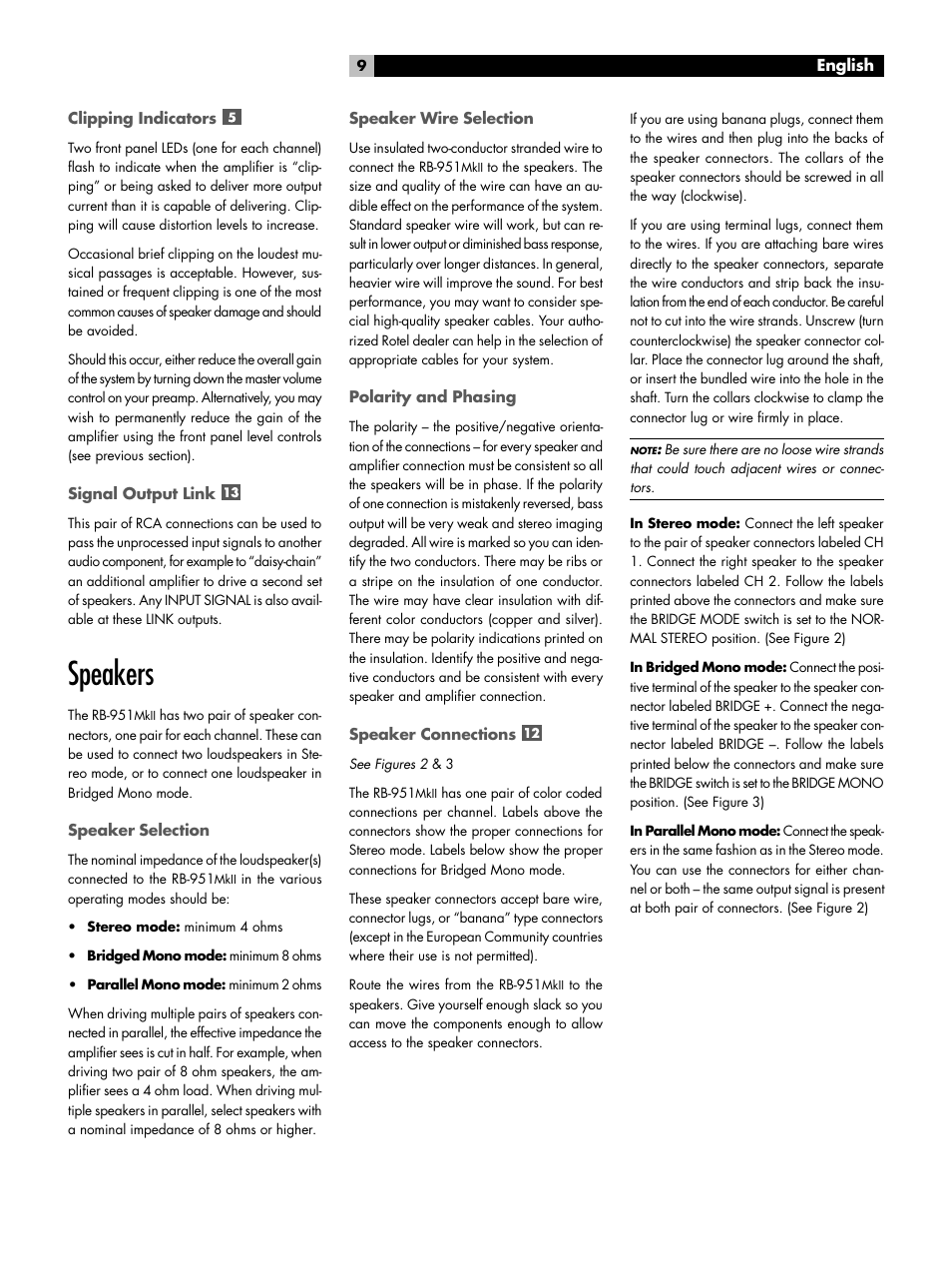 Clipping indicators, Signal output link, Speakers | Speaker selection, Speaker wire selection, Polarity and phasing, Speaker connections | ROTEL RB-951 MkII User Manual | Page 9 / 12