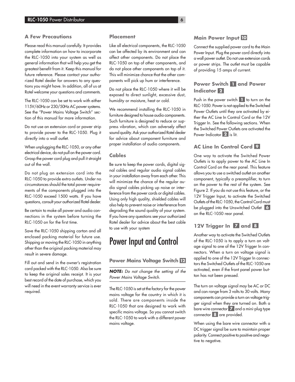 Power input and control | ROTEL RLC-1050 User Manual | Page 6 / 8