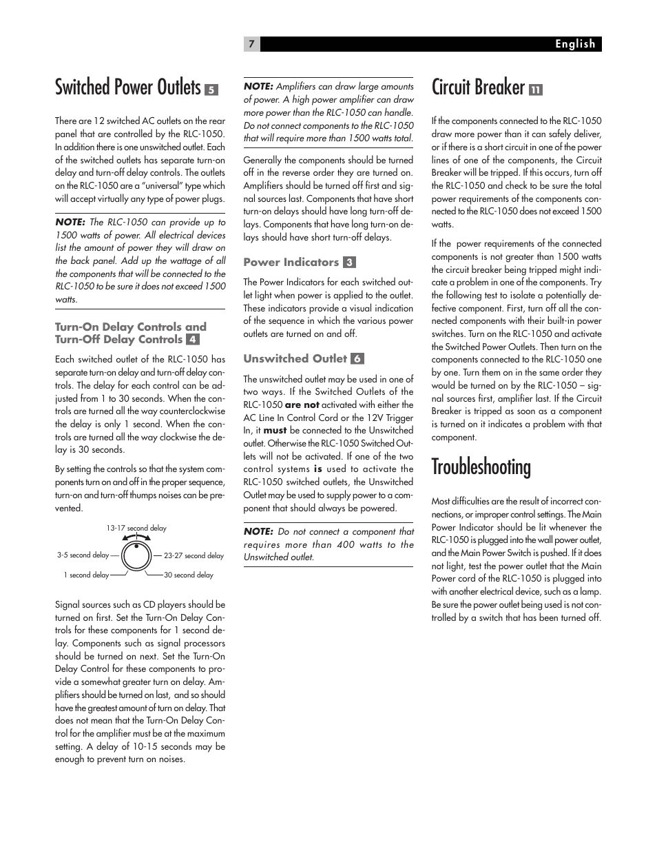 Switched power outlets, Circuit breaker, Troubleshooting | ROTEL RLC-1050 User Manual | Page 7 / 8
