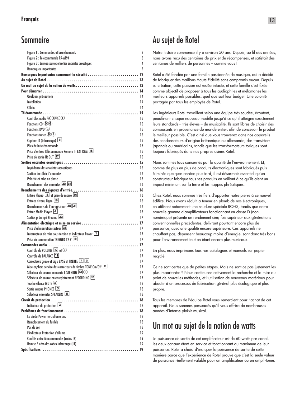 Au sujet de rotel, Un mot au sujet de la notion de watts, Sommaire | Français, Abce | ROTEL RA-1520 User Manual | Page 13 / 68
