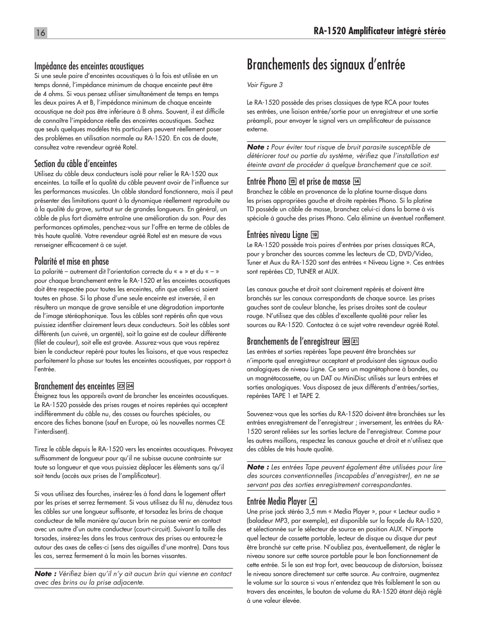 Branchements des signaux d’entrée | ROTEL RA-1520 User Manual | Page 16 / 68