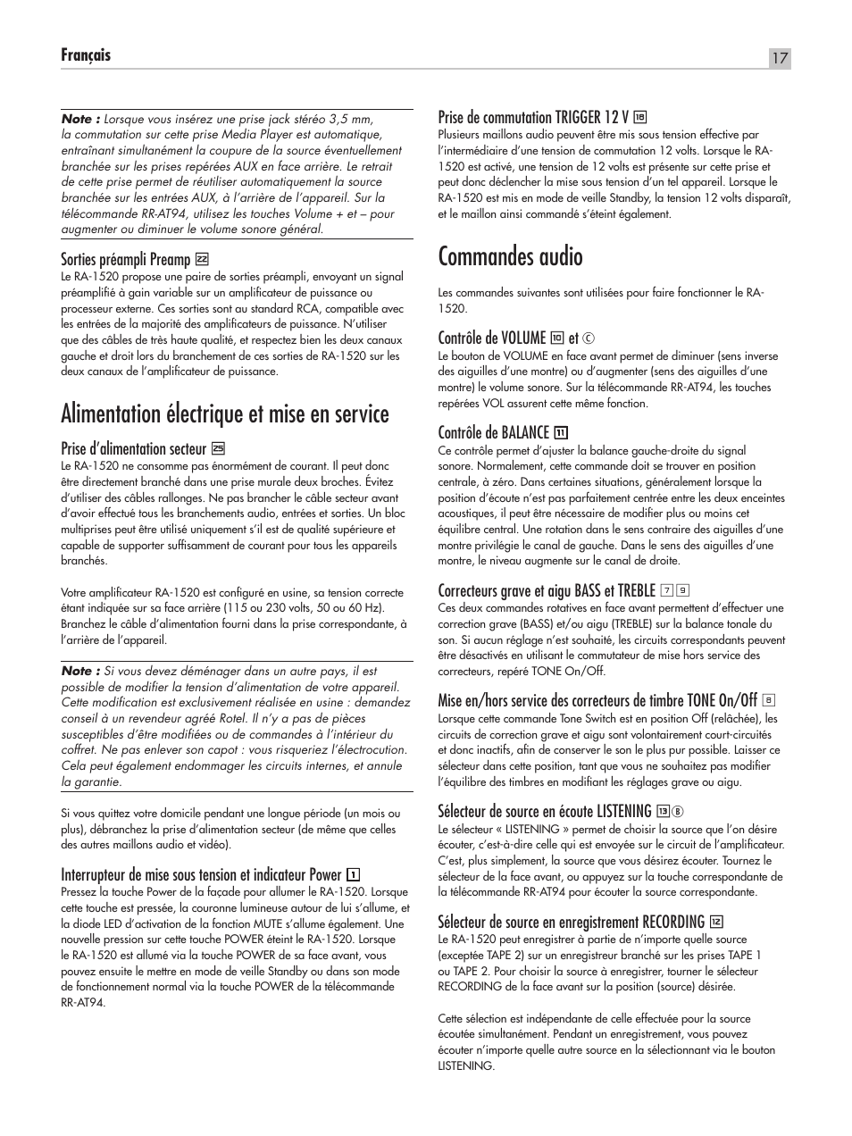 Alimentation électrique et mise en service, Commandes audio | ROTEL RA-1520 User Manual | Page 17 / 68