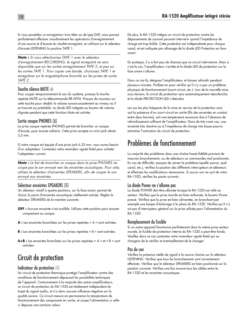 Circuit de protection, Problèmes de fonctionnement, Ra‑1520 amplificateur intégré stéréo | Touche silence mute, Sortie casque phones, Sélecteur enceintes speakers, Indicateur de protection, La diode power ne s’allume pas, Remplacement du fusible, Pas de son | ROTEL RA-1520 User Manual | Page 18 / 68