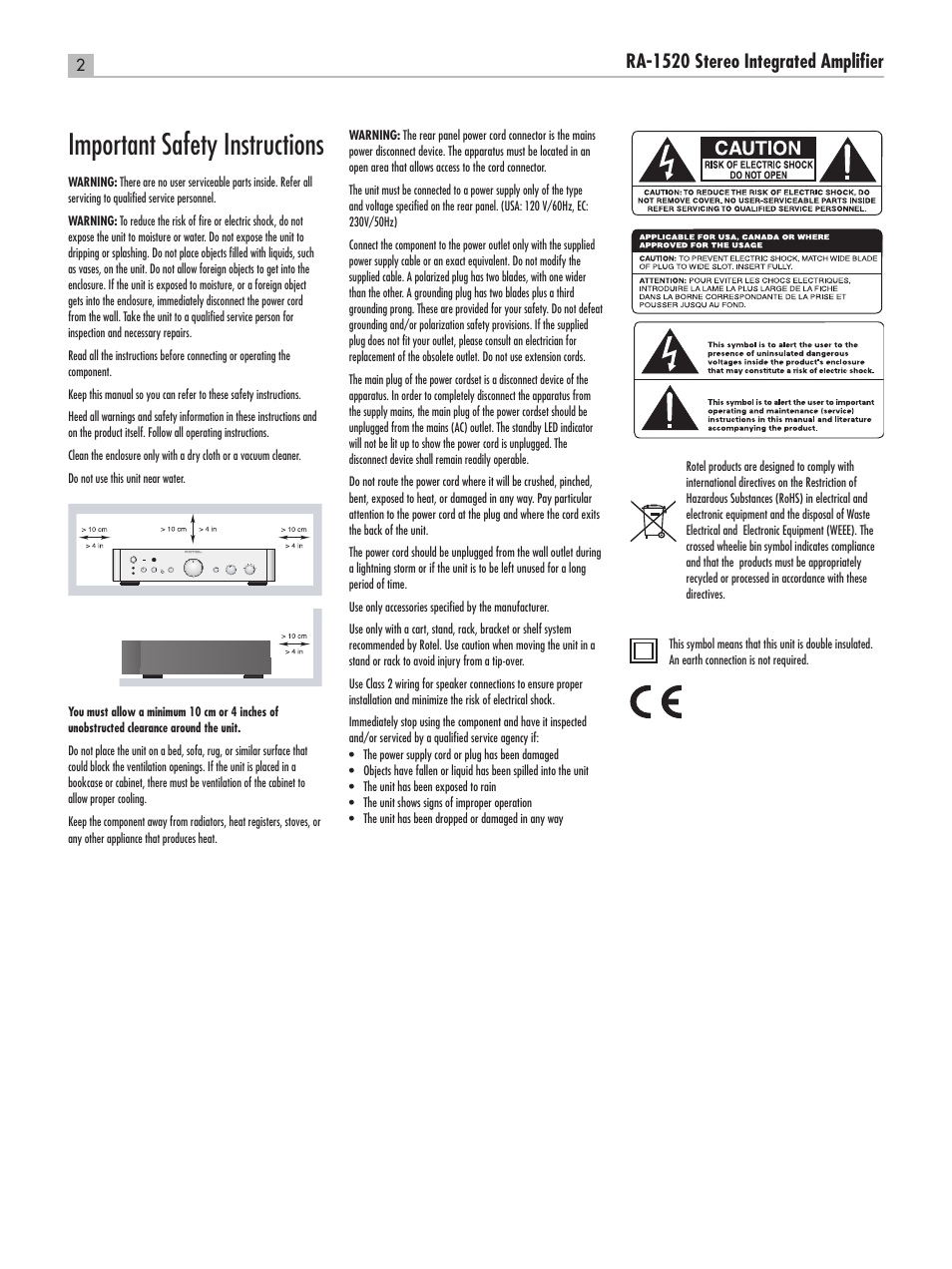 Important safety instructions, English ra‑1520 stereo integrated amplifier | ROTEL RA-1520 User Manual | Page 2 / 68