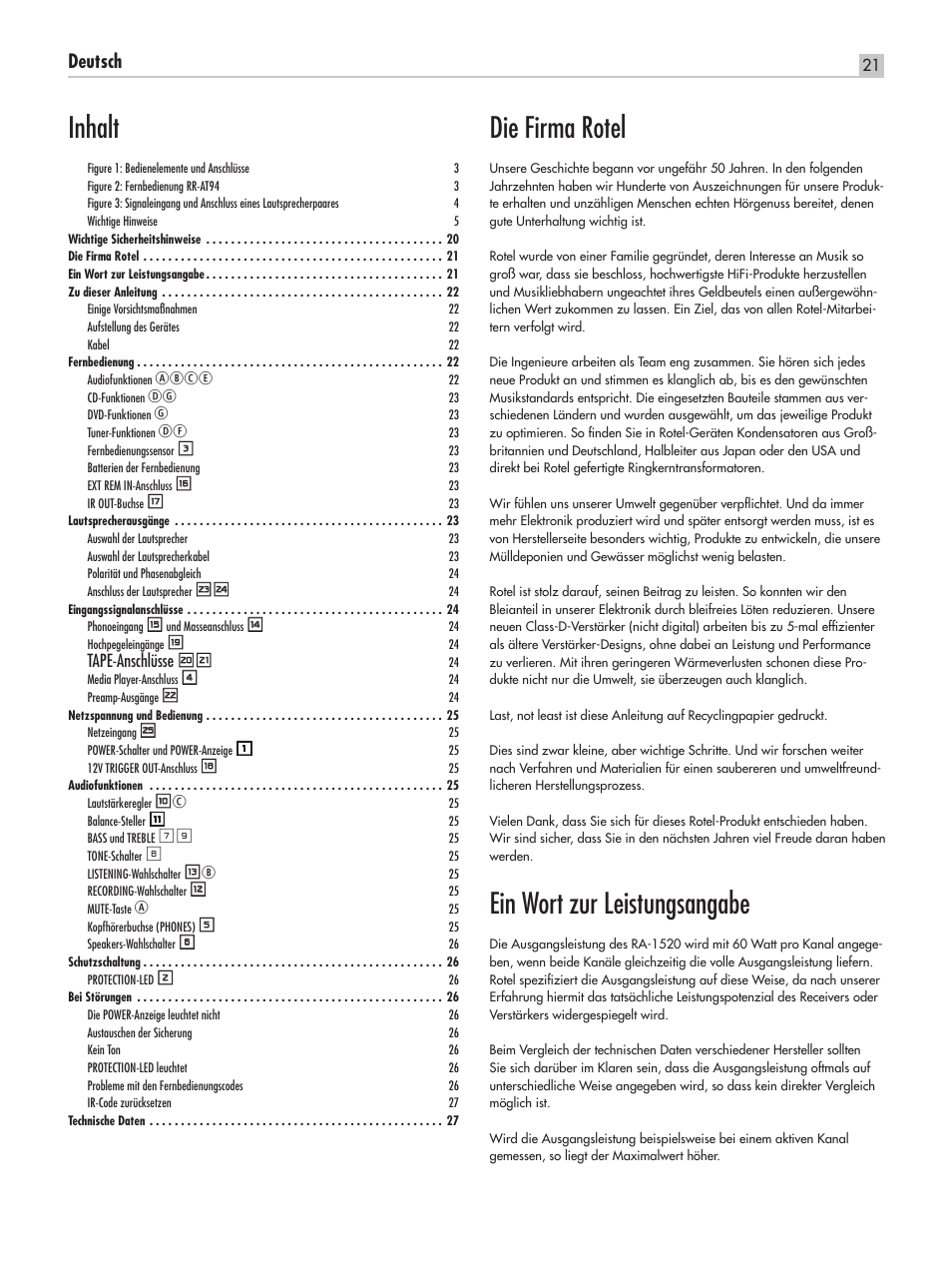 Die firma rotel, Ein wort zur leistungsangabe, Inhalt | Deutsch, Abce, Tape‑anschlüsse io | ROTEL RA-1520 User Manual | Page 21 / 68