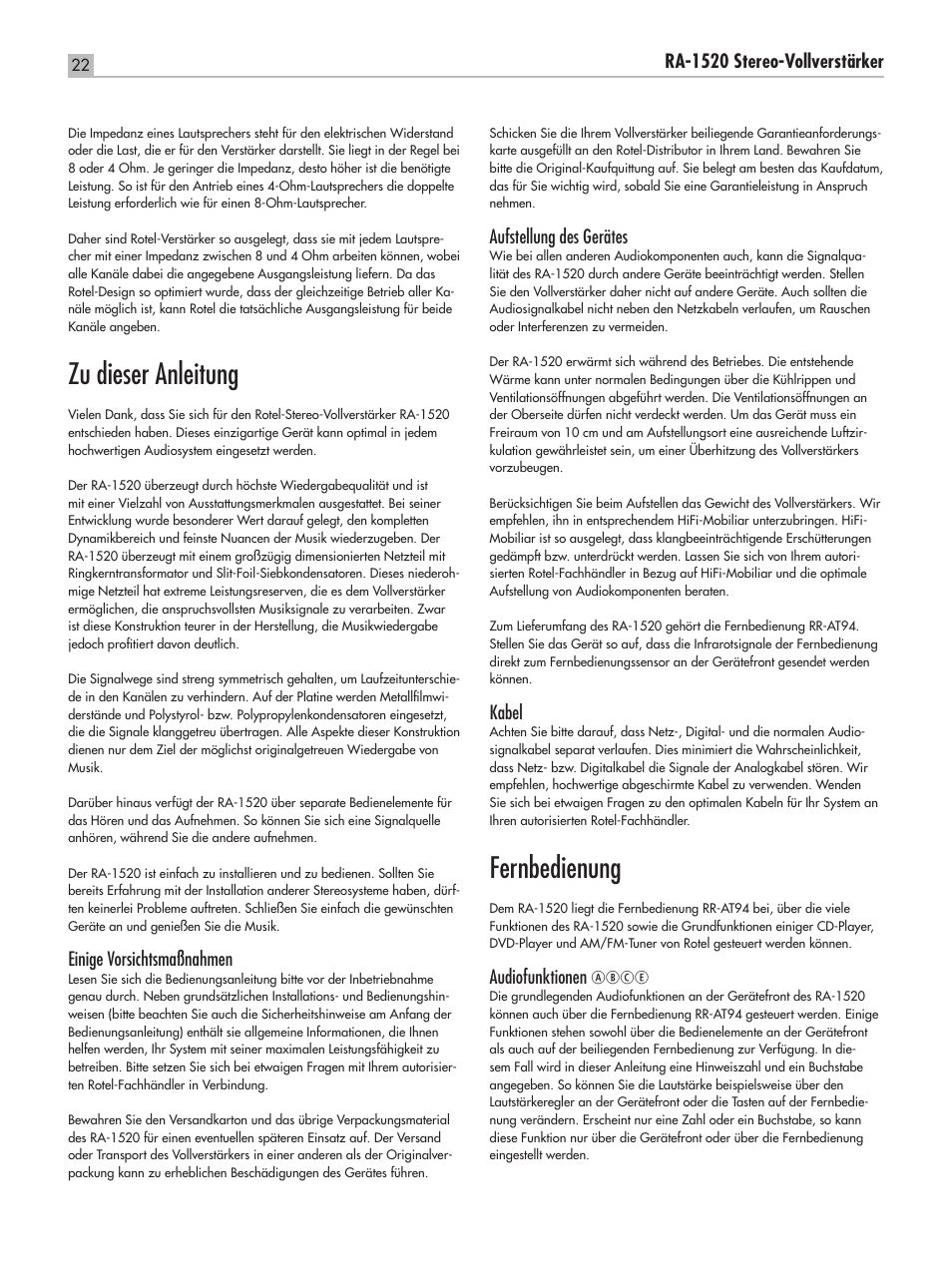 Zu dieser anleitung, Fernbedienung, Ra‑1520 stereo‑vollverstärker | Einige vorsichtsmaßnahmen, Aufstellung des gerätes, Kabel, Audiofunktionen | ROTEL RA-1520 User Manual | Page 22 / 68