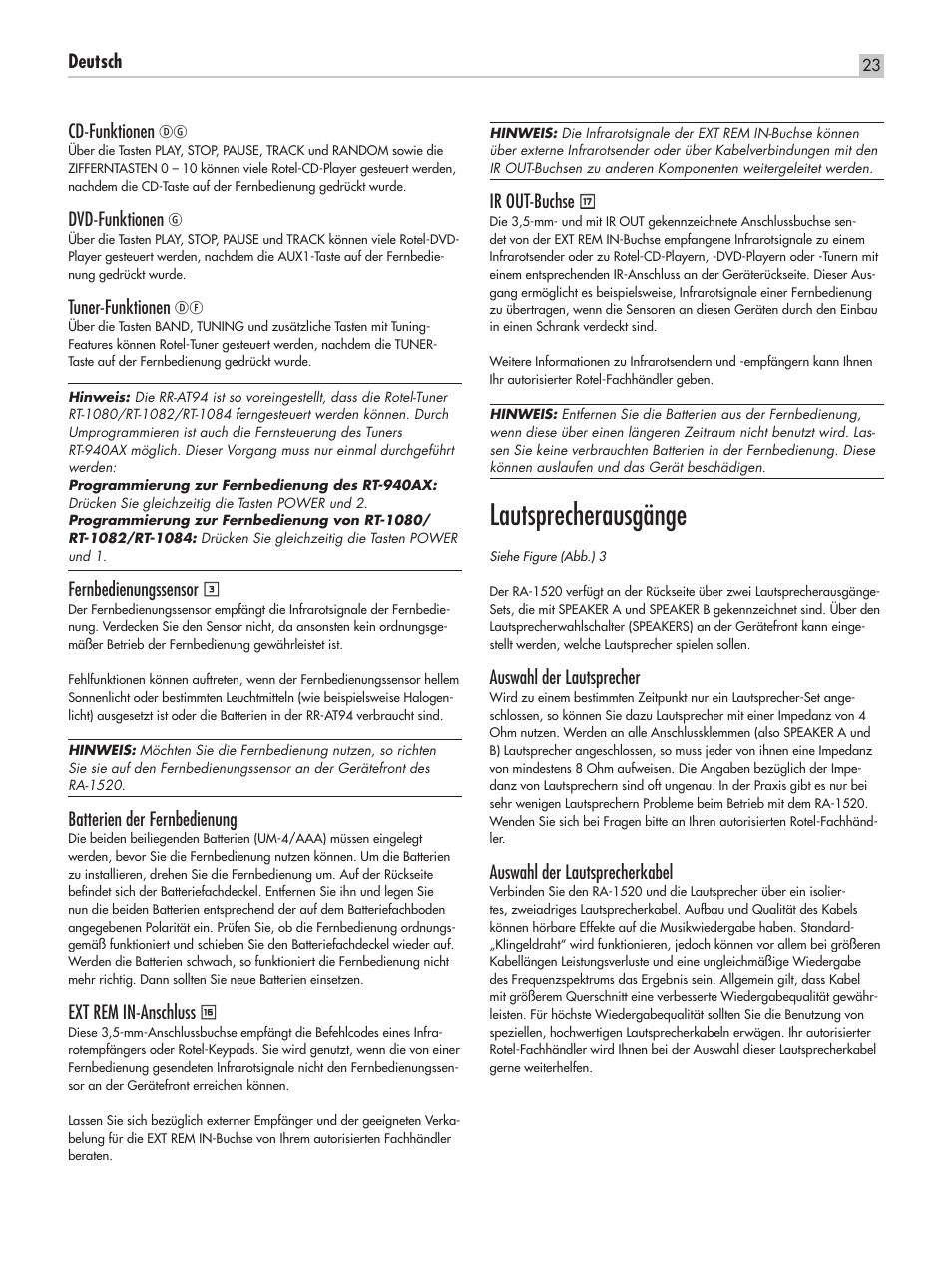 Lautsprecherausgänge, Deutsch cd‑funktionen, Dvd‑funktionen | Tuner‑funktionen, Fernbedienungssensor, Batterien der fernbedienung, Ext rem in‑anschluss, Ir out‑buchse, Auswahl der lautsprecher, Auswahl der lautsprecherkabel | ROTEL RA-1520 User Manual | Page 23 / 68