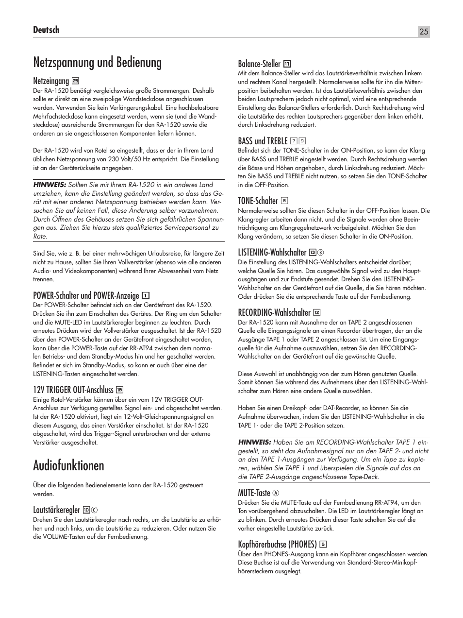 Netzspannung und bedienung, Audiofunktionen | ROTEL RA-1520 User Manual | Page 25 / 68