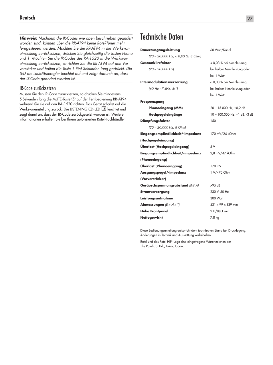 Technische daten, Deutsch, Ir‑code zurücksetzen | ROTEL RA-1520 User Manual | Page 27 / 68