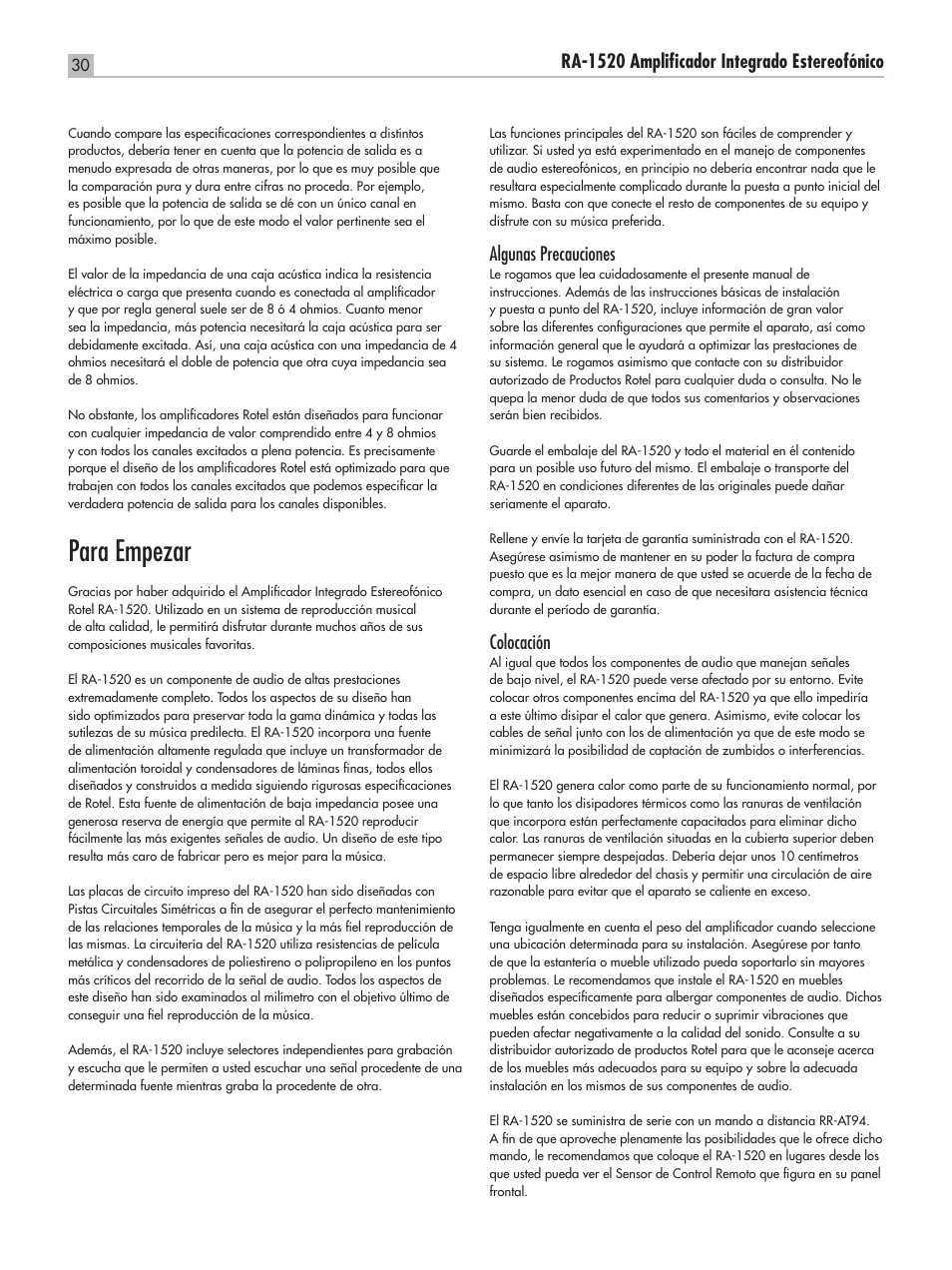 Para empezar, Ra‑1520 amplificador integrado estereofónico, Algunas precauciones | Colocación | ROTEL RA-1520 User Manual | Page 30 / 68