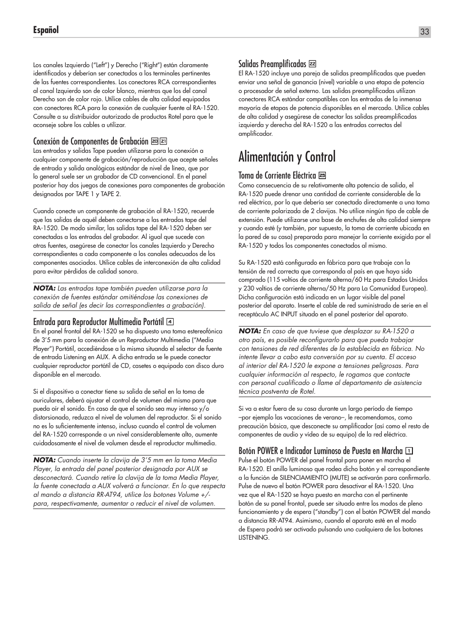 Alimentación y control, Español, Conexión de componentes de grabación | Entrada para reproductor multimedia portátil, Salidas preamplificadas, Toma de corriente eléctrica | ROTEL RA-1520 User Manual | Page 33 / 68