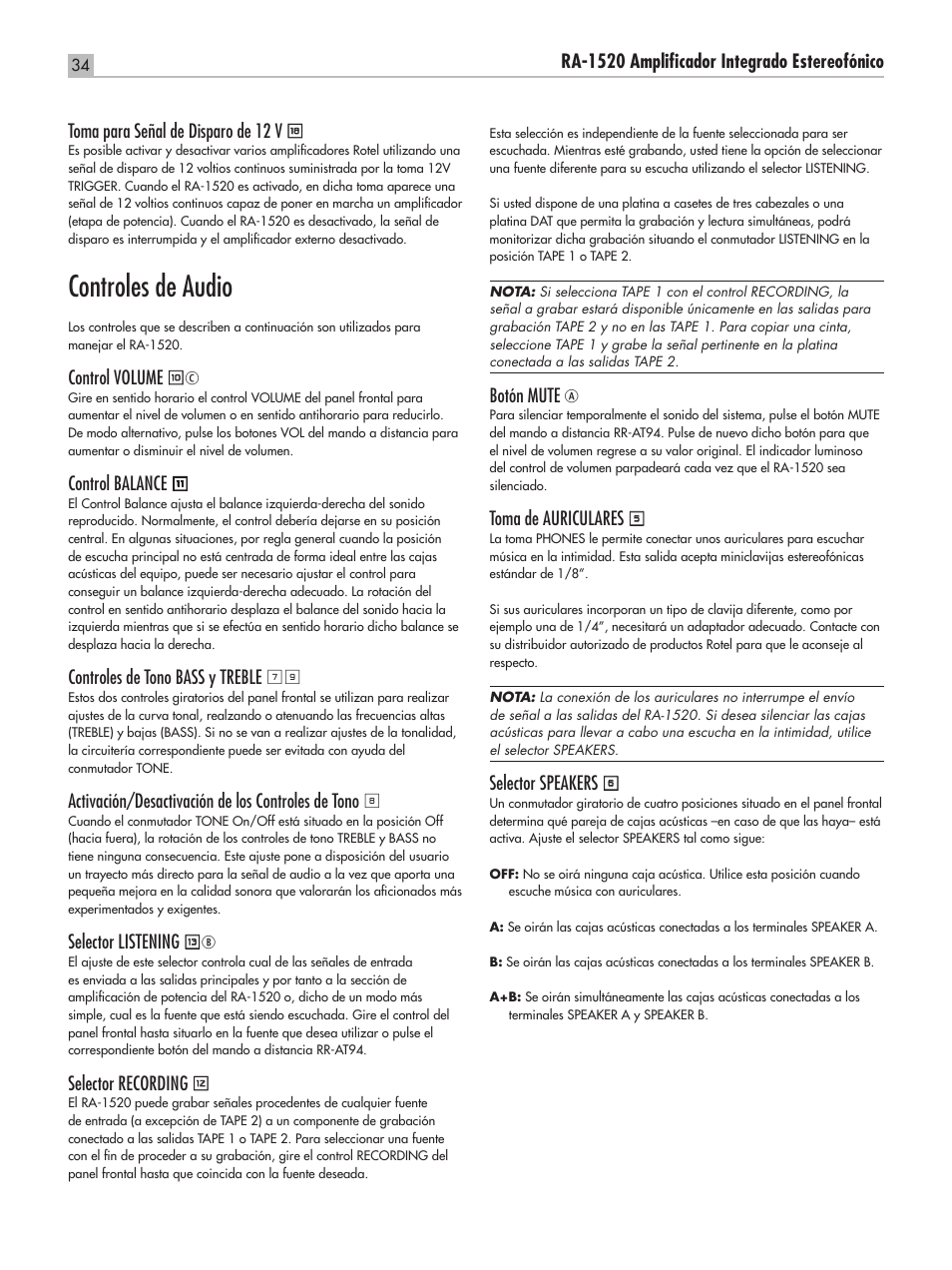 Controles de audio | ROTEL RA-1520 User Manual | Page 34 / 68