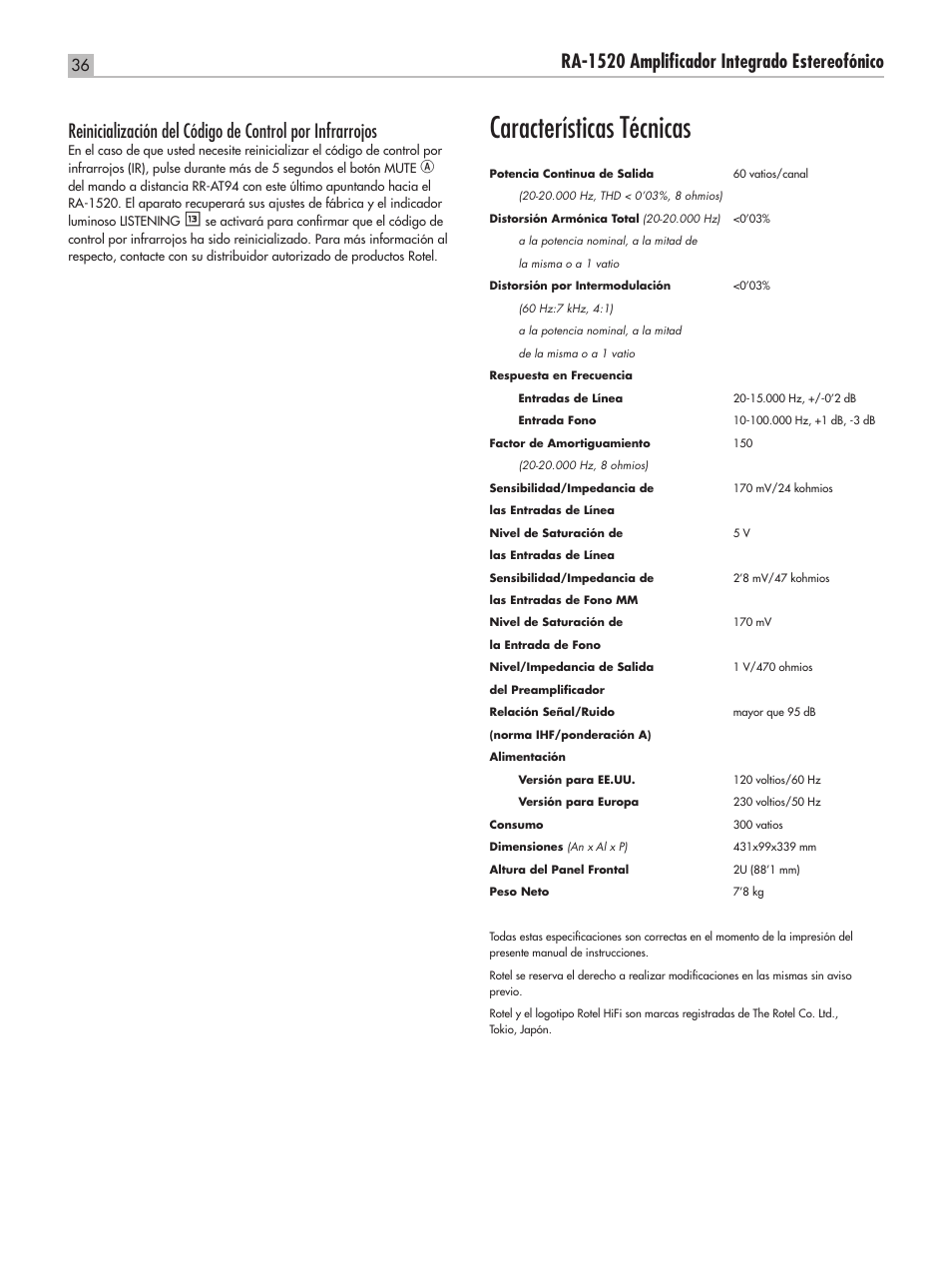 Características técnicas | ROTEL RA-1520 User Manual | Page 36 / 68