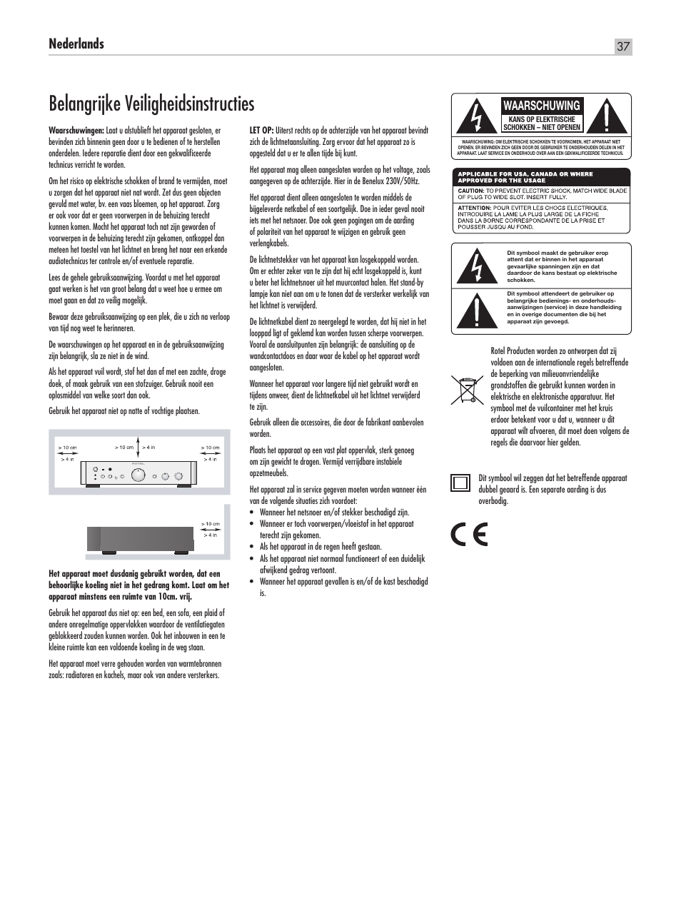 Belangrijke veiligheidsinstructies, Nederlands, Waarschuwing | ROTEL RA-1520 User Manual | Page 37 / 68