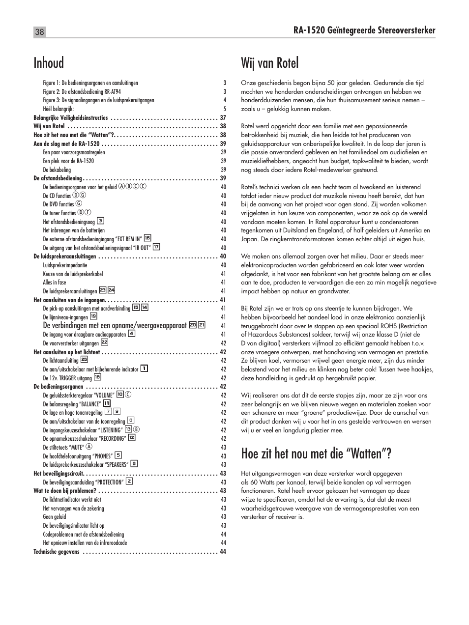 Wij van rotel, Hoe zit het nou met die “watten, Inhoud | Ra‑1520 geïntegreerde stereoversterker, Abce, De verbindingen met een opname/weergaveapparaat io | ROTEL RA-1520 User Manual | Page 38 / 68