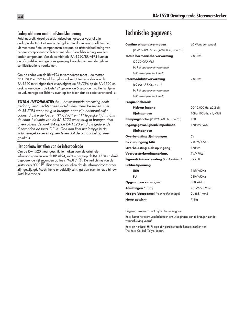 Technische gegevens, Het opnieuw instellen van de infraroodcode | ROTEL RA-1520 User Manual | Page 44 / 68