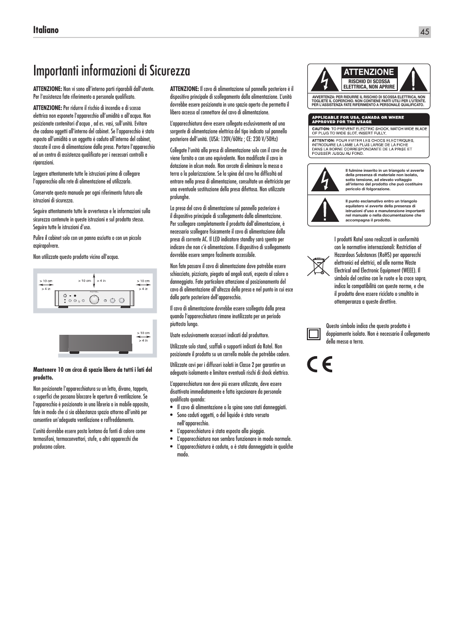 Importanti informazioni di sicurezza, Italiano, Attenzione | ROTEL RA-1520 User Manual | Page 45 / 68