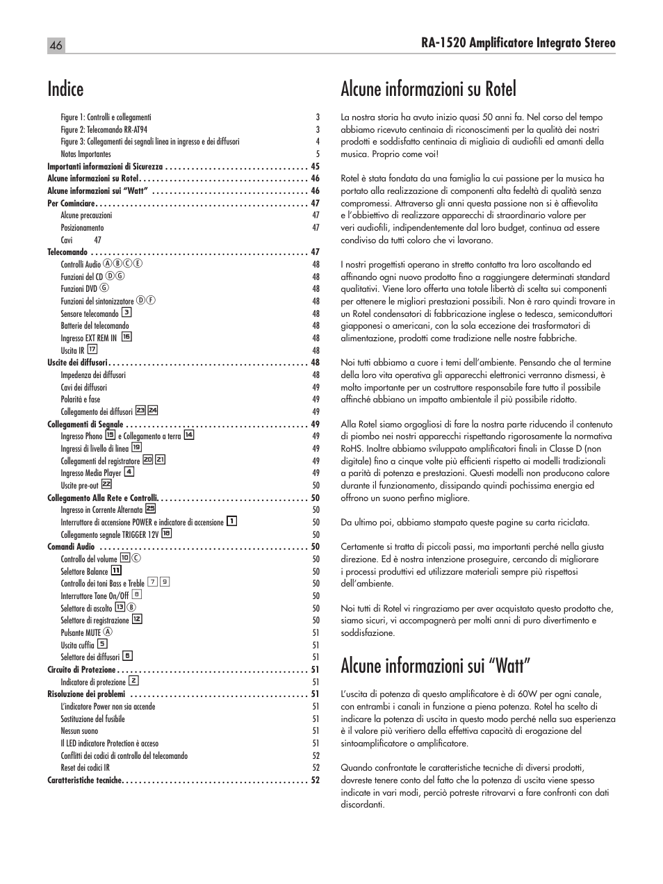 Alcune informazioni su rotel, Alcune informazioni sui “watt, Indice | Ra‑1520 amplificatore integrato stereo, Abce | ROTEL RA-1520 User Manual | Page 46 / 68