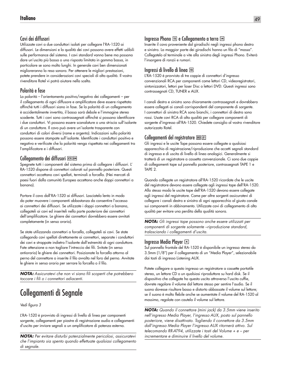 Collegamenti di segnale, Italiano cavi dei diffusori, Polarità e fase | Collegamento dei diffusori, Ingresso phono, E collegamento a terra, Ingressi di livello di linea, Collegamenti del registratore, Ingresso media player | ROTEL RA-1520 User Manual | Page 49 / 68