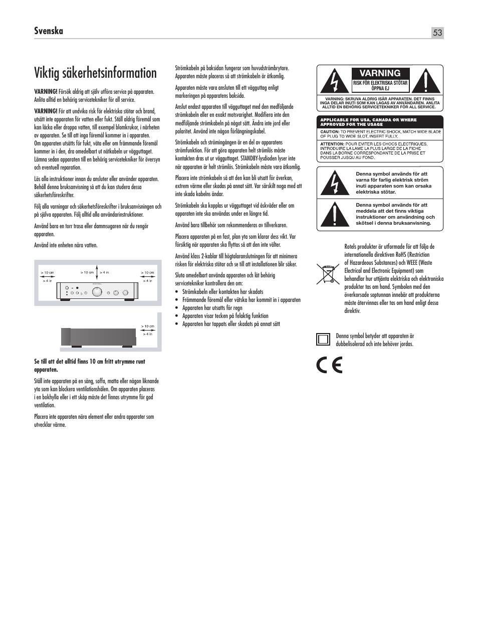 Viktig säkerhetsinformation, Svenska, Varning | ROTEL RA-1520 User Manual | Page 53 / 68