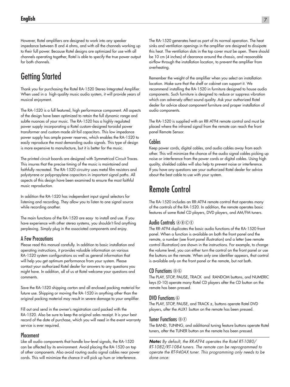 Getting started, Remote control, English ra‑1520 stereo integrated amplifier | A few precautions, Placement, Cables, Audio controls, Cd functions, Dvd functions, Tuner functions | ROTEL RA-1520 User Manual | Page 7 / 68
