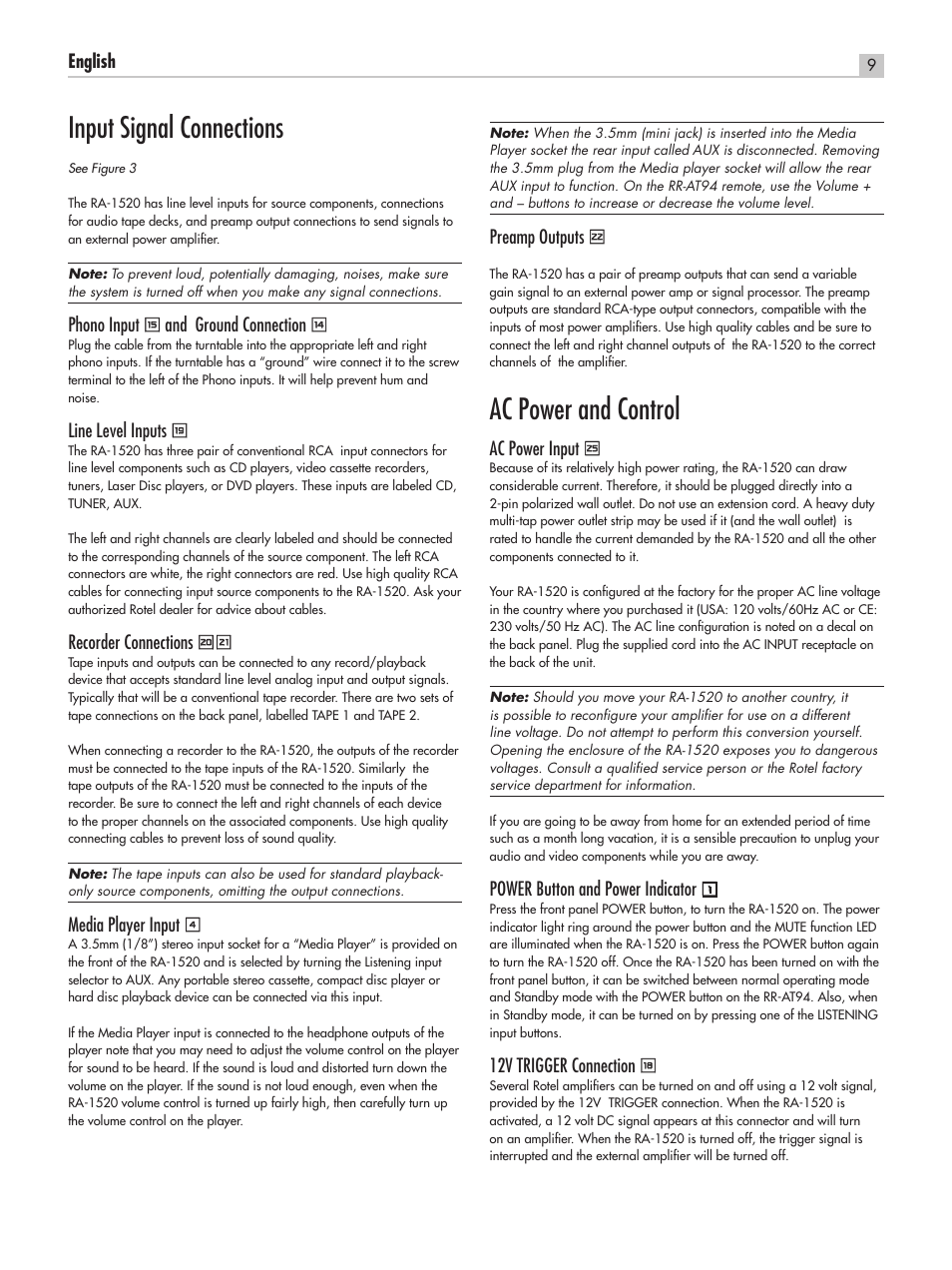 Input signal connections, Ac power and control | ROTEL RA-1520 User Manual | Page 9 / 68