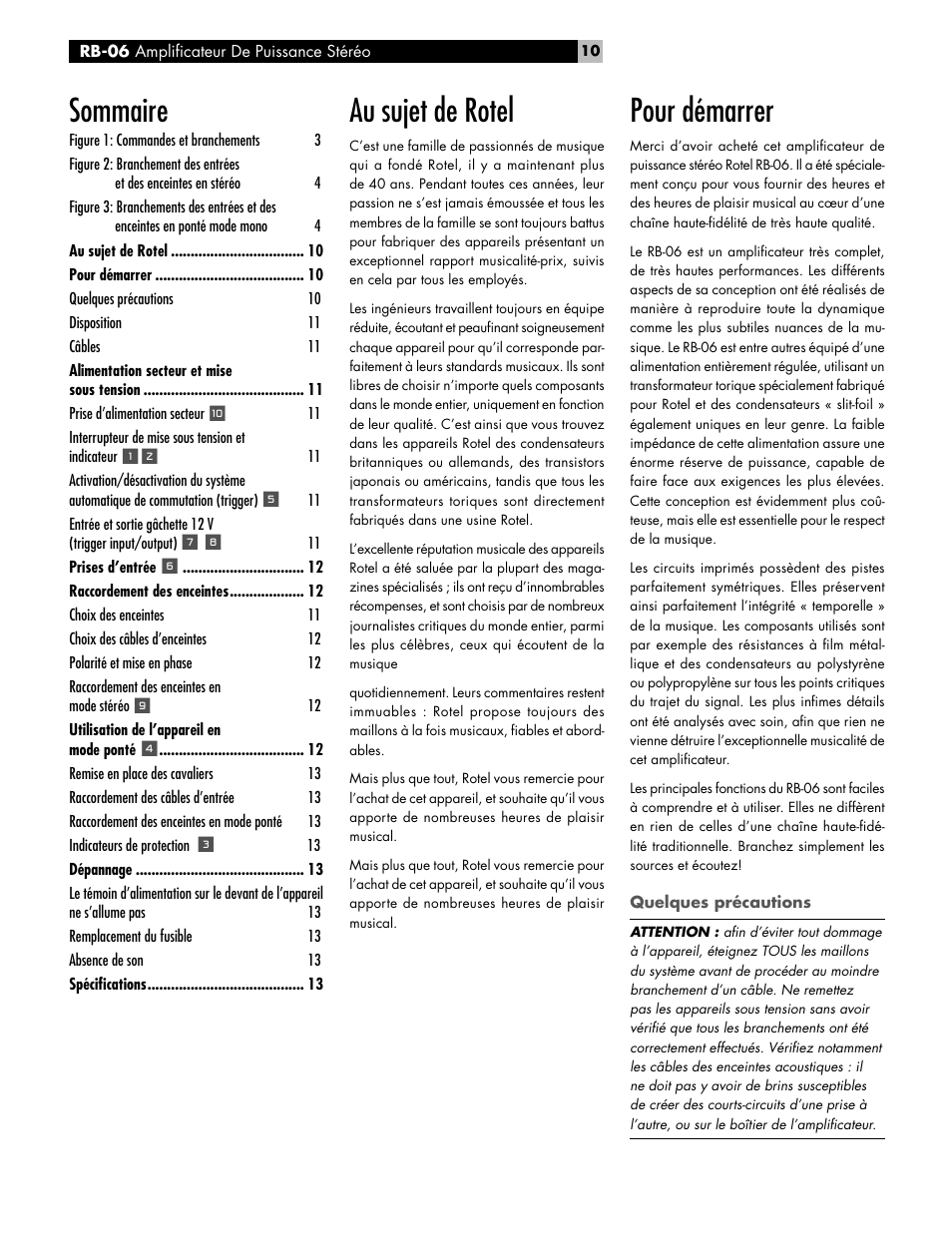 Au sujet de rotel, Pour démarrer, Sommaire | ROTEL RB-06 User Manual | Page 10 / 42