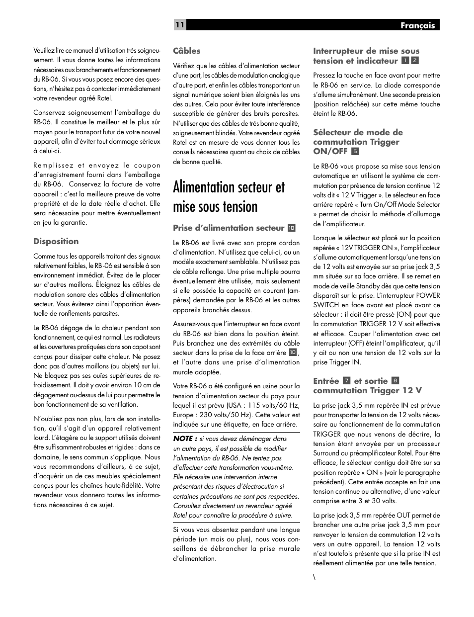 Alimentation secteur et mise sous tension | ROTEL RB-06 User Manual | Page 11 / 42