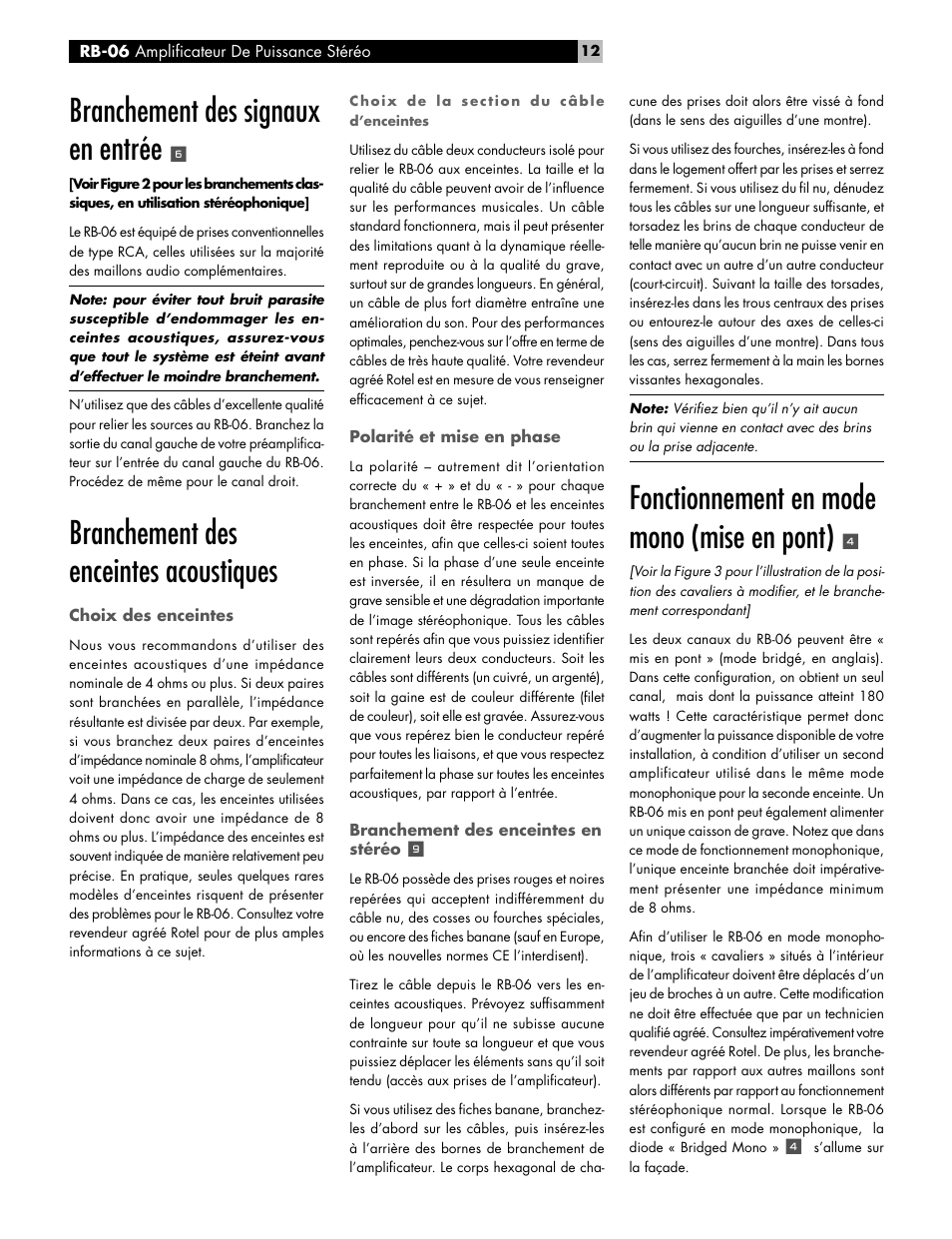 Fonctionnement en mode mono (mise en pont), Branchement des signaux en entrée, Branchement des enceintes acoustiques | ROTEL RB-06 User Manual | Page 12 / 42