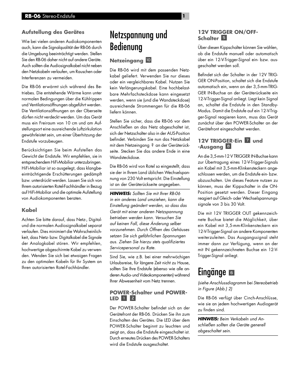 Netzspannung und bedienung, Eingänge | ROTEL RB-06 User Manual | Page 15 / 42