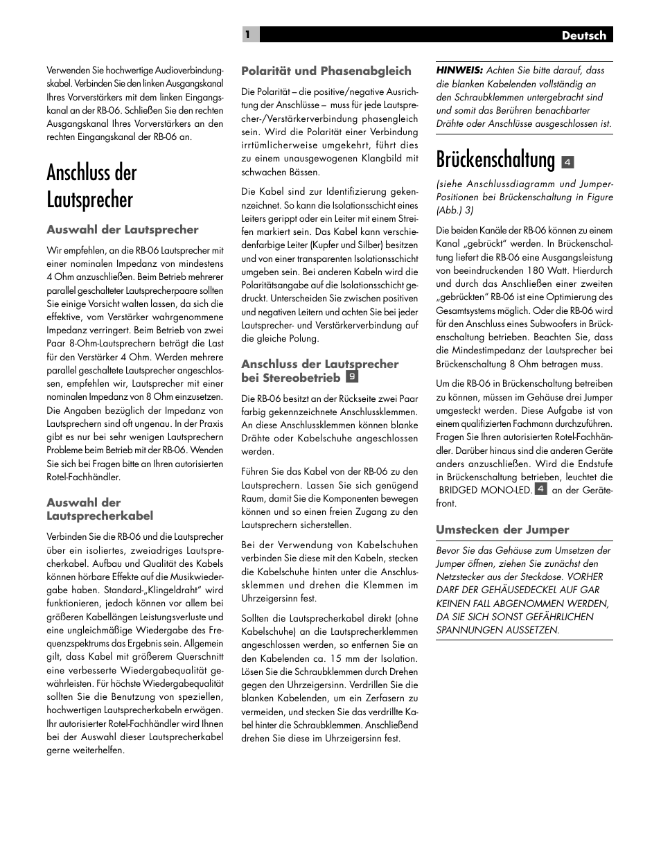 Anschluss der lautsprecher, Brückenschaltung | ROTEL RB-06 User Manual | Page 16 / 42