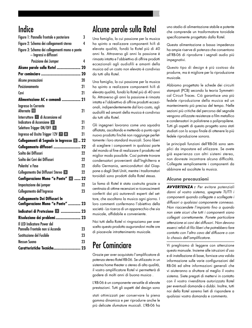 Alcune parole sulla rotel, Per cominciare, Indice | ROTEL RB-06 User Manual | Page 18 / 42
