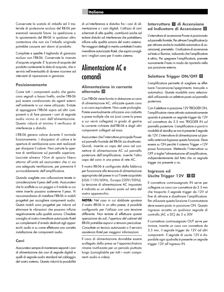 Alimentazione ac e comandi | ROTEL RB-06 User Manual | Page 19 / 42