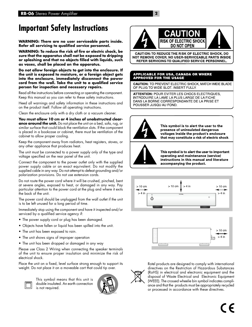 Important safety instructions | ROTEL RB-06 User Manual | Page 2 / 42
