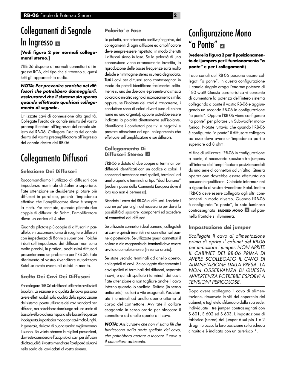 Confi gurazione mono “a ponte, Collegamenti di segnale in ingresso, Collegamento diffusori | ROTEL RB-06 User Manual | Page 20 / 42