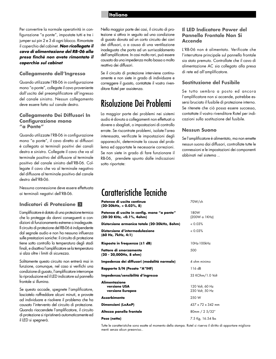 Risoluzione dei problemi, Caratteristiche tecniche | ROTEL RB-06 User Manual | Page 21 / 42