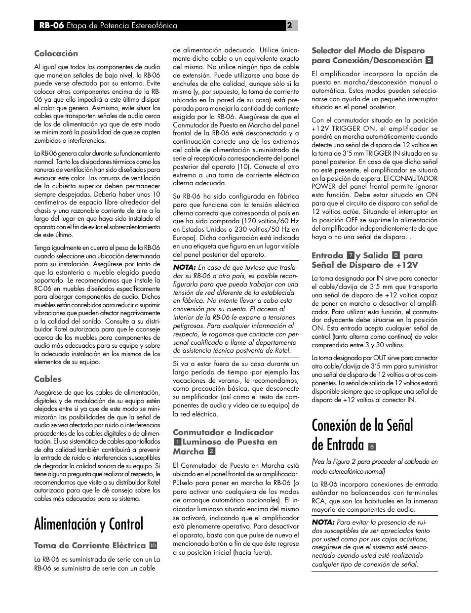 Conexión de la señal de entrada, Alimentación y control | ROTEL RB-06 User Manual | Page 24 / 42