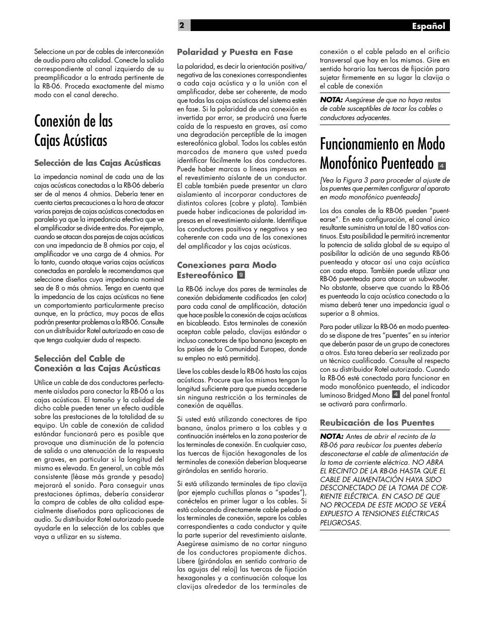 Conexión de las cajas acústicas, Funcionamiento en modo monofónico puenteado | ROTEL RB-06 User Manual | Page 25 / 42