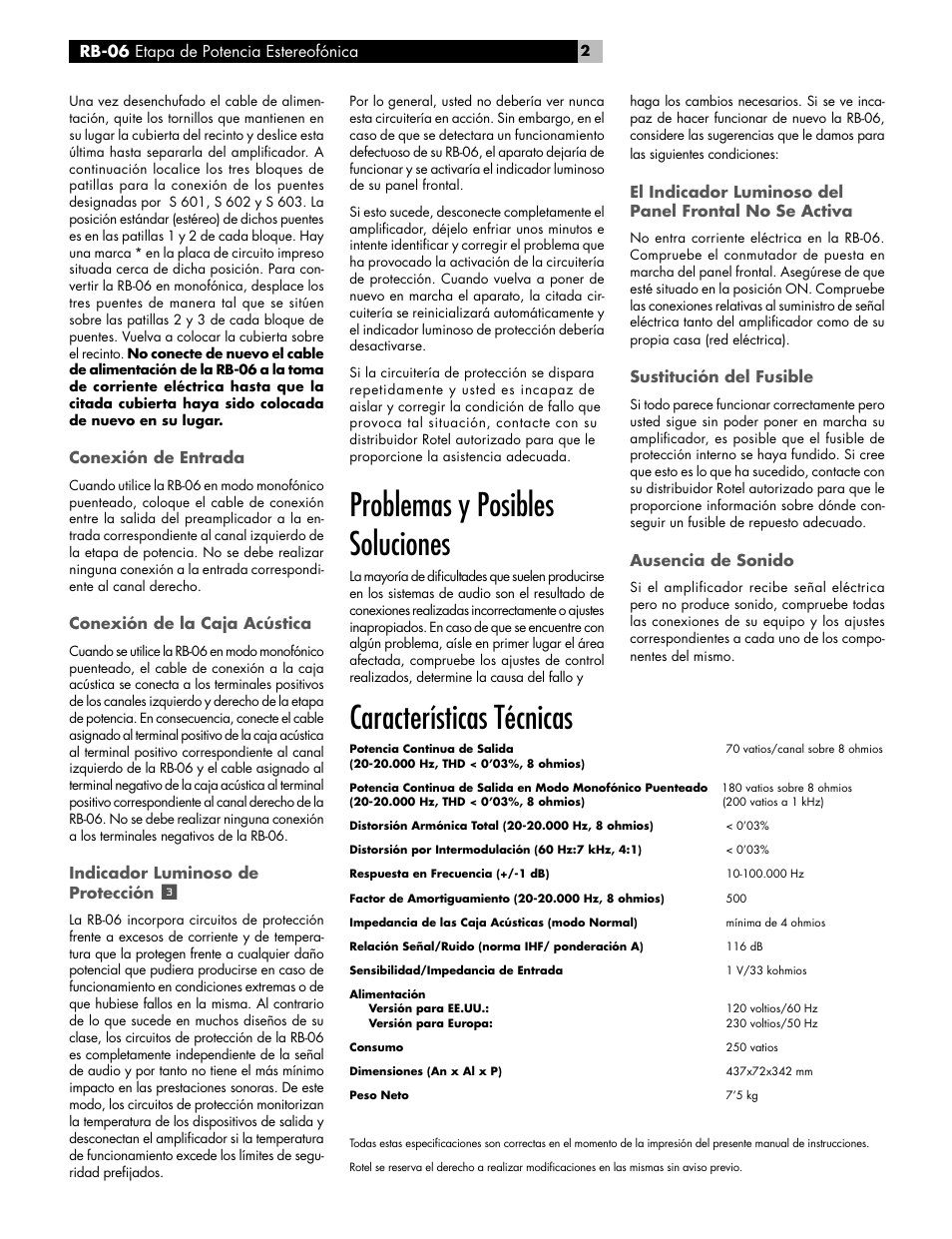 Problemas y posibles soluciones, Características técnicas | ROTEL RB-06 User Manual | Page 26 / 42