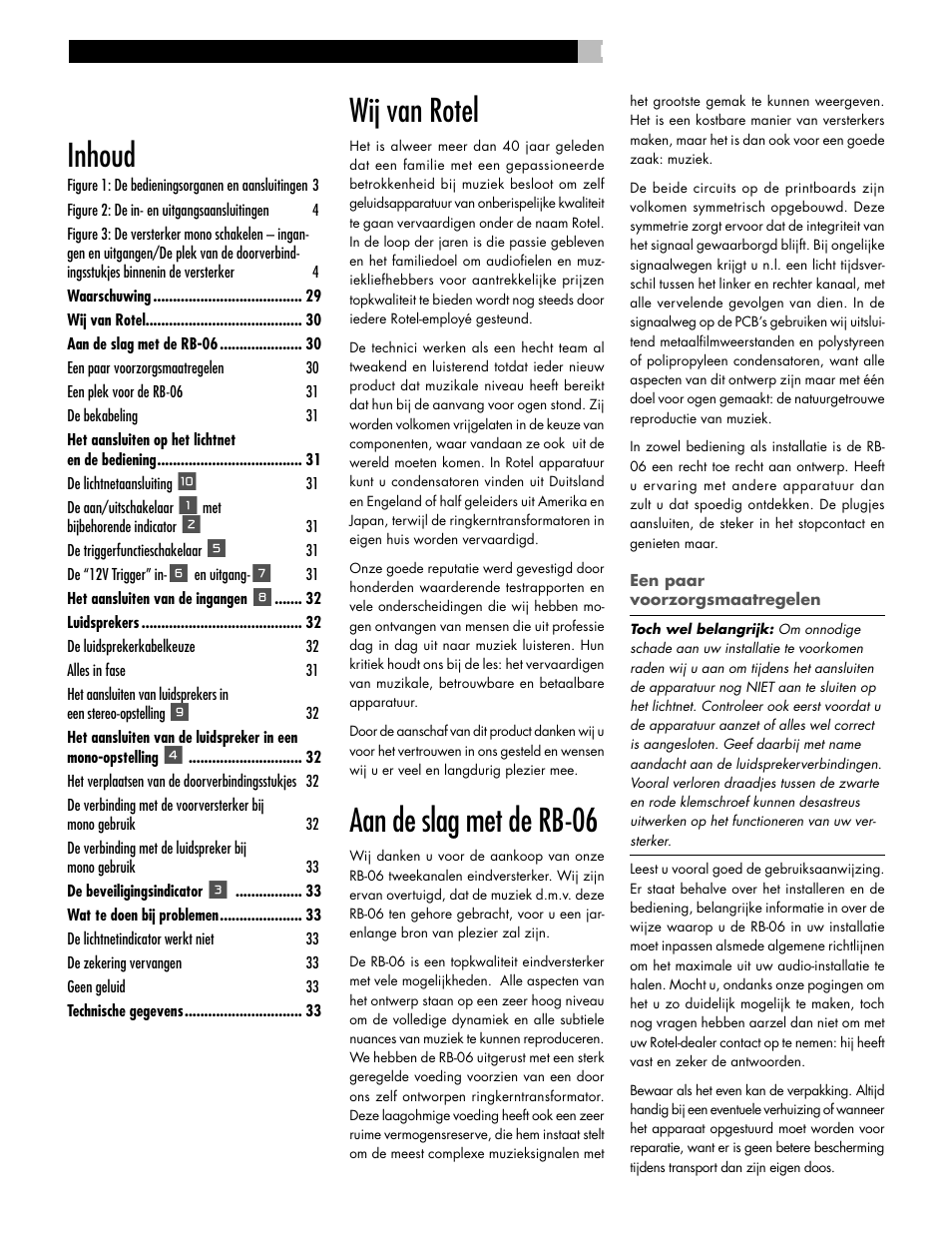 Wij van rotel, Aan de slag met de rb-06, Inhoud | ROTEL RB-06 User Manual | Page 28 / 42
