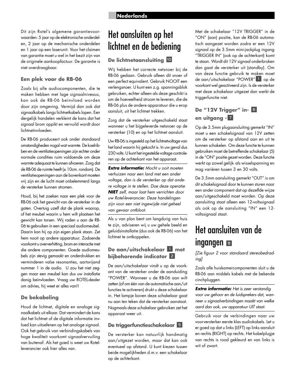 Het aansluiten op het lichtnet en de bediening, Het aansluiten van de ingangen | ROTEL RB-06 User Manual | Page 29 / 42