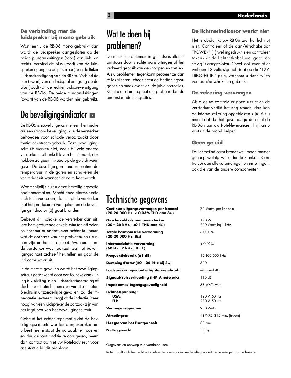 De beveiligingsindicator, Technische gegevens, Wat te doen bij problemen | ROTEL RB-06 User Manual | Page 31 / 42