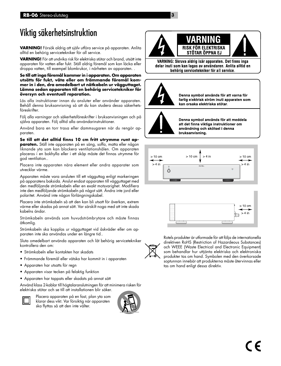 Viktig säkerhetsinstruktion | ROTEL RB-06 User Manual | Page 32 / 42