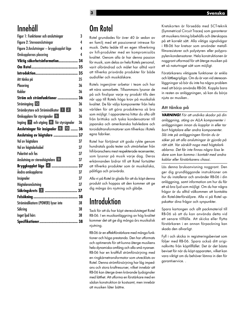 Om rotel, Introduktion, Innehåll | ROTEL RB-06 User Manual | Page 33 / 42