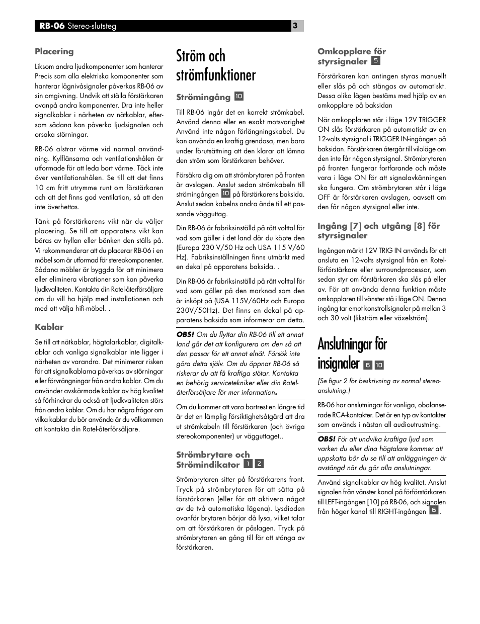 Ström och strömfunktioner, Anslutningar för insignaler | ROTEL RB-06 User Manual | Page 34 / 42