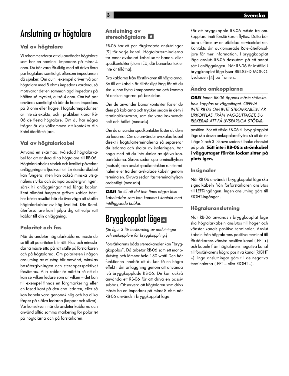 Anslutning av högtalare, Bryggkopplat läge | ROTEL RB-06 User Manual | Page 35 / 42